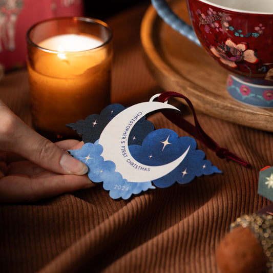 BABY'S FIRST CHRISTMAS MOON & CLOUDS CHRISTMAS DECORATION - PERSONALISED