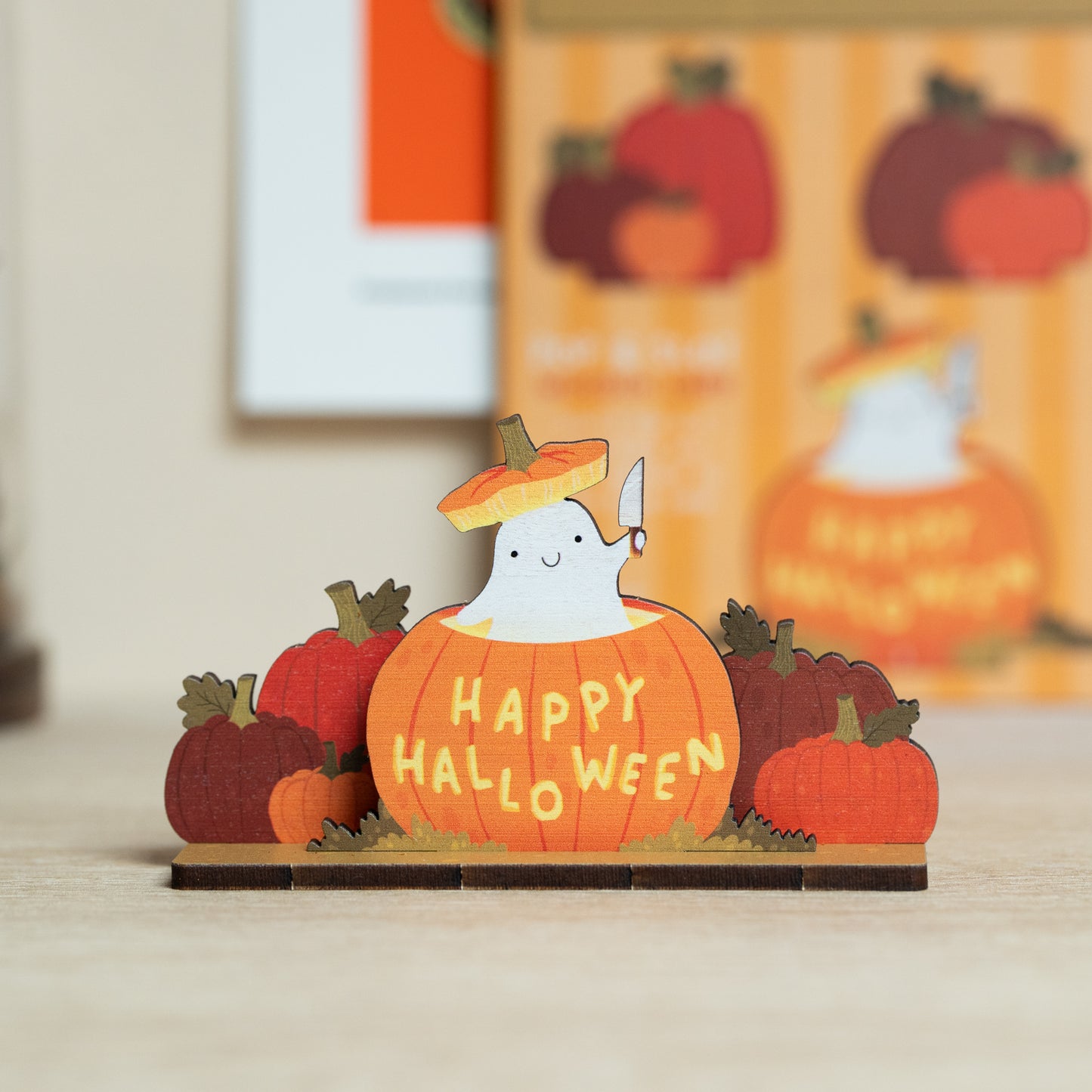 WHOLESALE - HAPPY HALLOWEEN GHOST WOODEN POP OUT CARD - PACK OF 8
