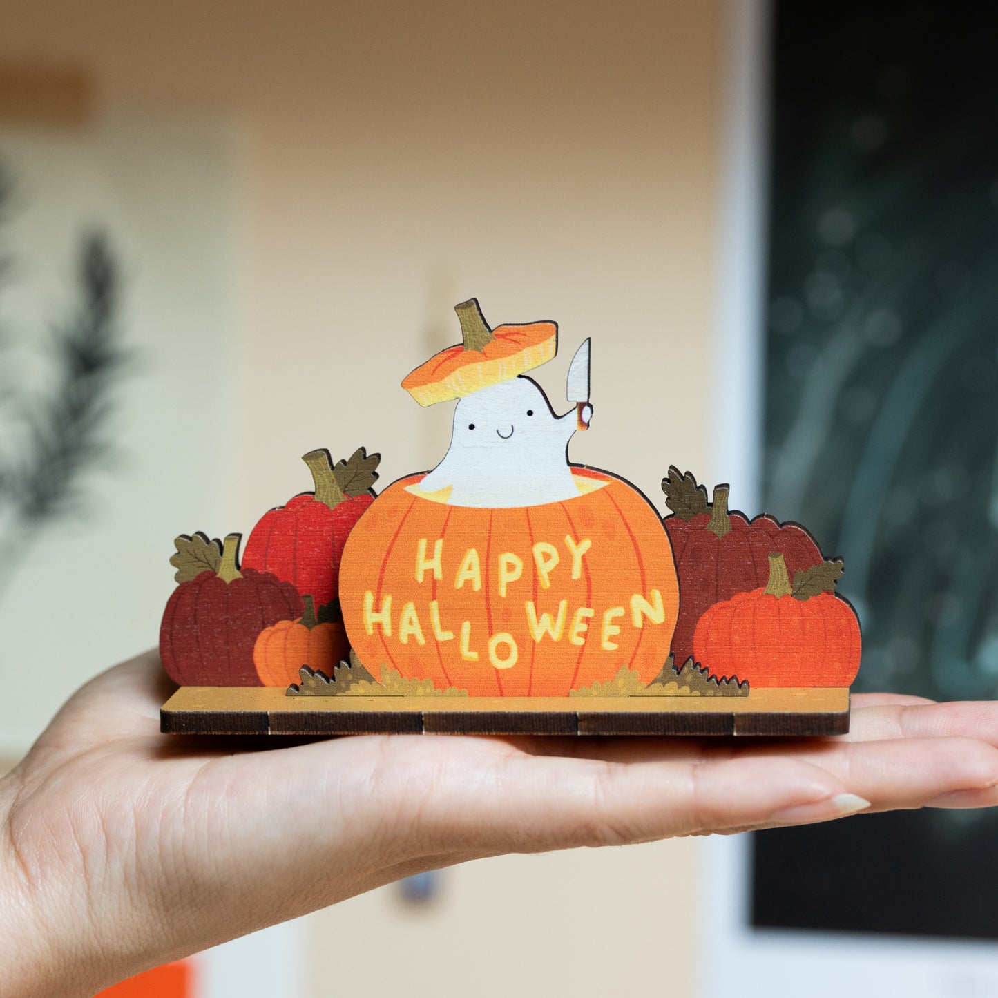 WHOLESALE - HAPPY HALLOWEEN GHOST WOODEN POP OUT CARD - PACK OF 8