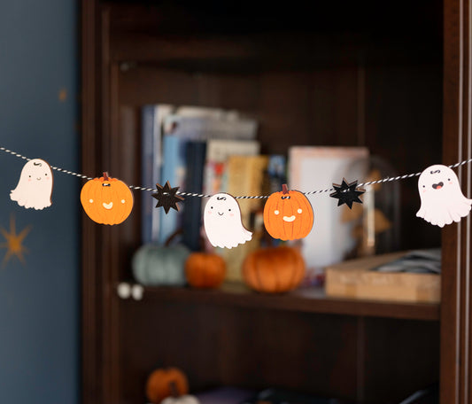 WHOLESALE - GHOSTS AND PUMPKINS HALLOWEEN WOODEN GARLAND PACK OF 4