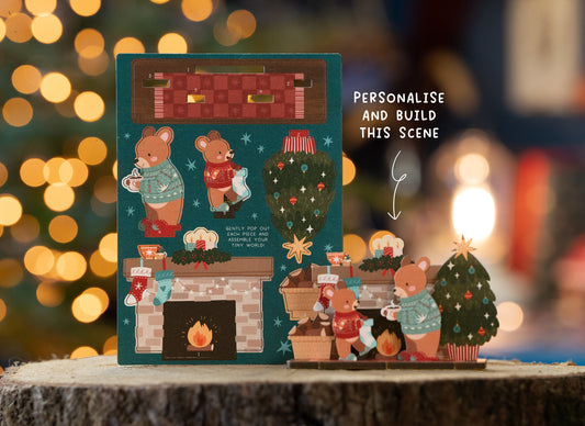 FIREPLACE BEARS CHRISTMAS POP OUT CARD - PERSONALISABLE