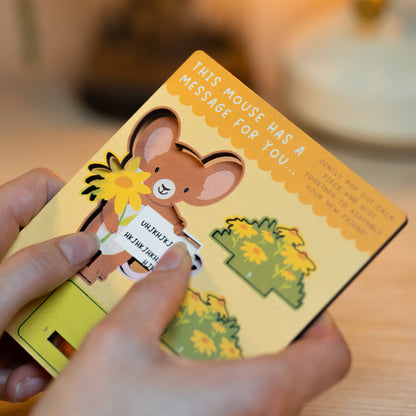 CUSTOM MESSAGE MOUSE WITH FLOWER MINI POP OUT CARD