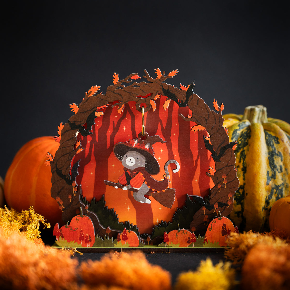 FLYING ORANGE WITCH CAT HALLOWEEN POP & BUILD SCENE