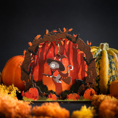 FLYING ORANGE WITCH CAT HALLOWEEN POP & BUILD SCENE