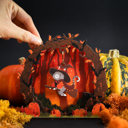 FLYING ORANGE WITCH CAT HALLOWEEN POP & BUILD SCENE
