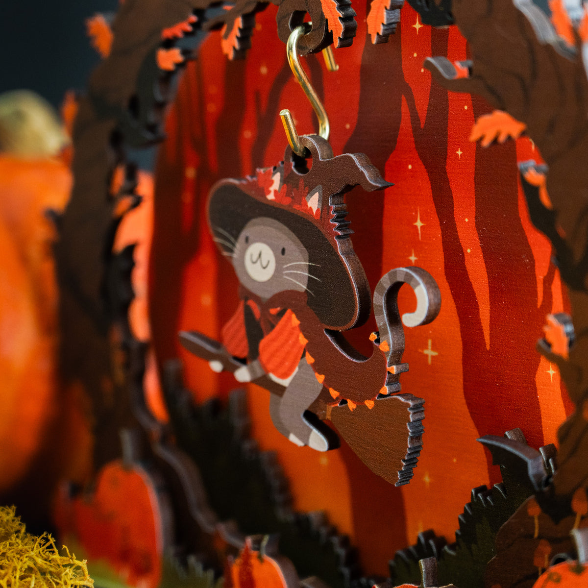 FLYING ORANGE WITCH CAT HALLOWEEN POP & BUILD SCENE