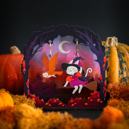 FLYING PURPLE WITCH CAT HALLOWEEN POP & BUILD SCENE