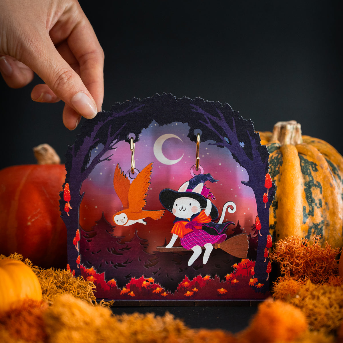 FLYING PURPLE WITCH CAT HALLOWEEN POP & BUILD SCENE