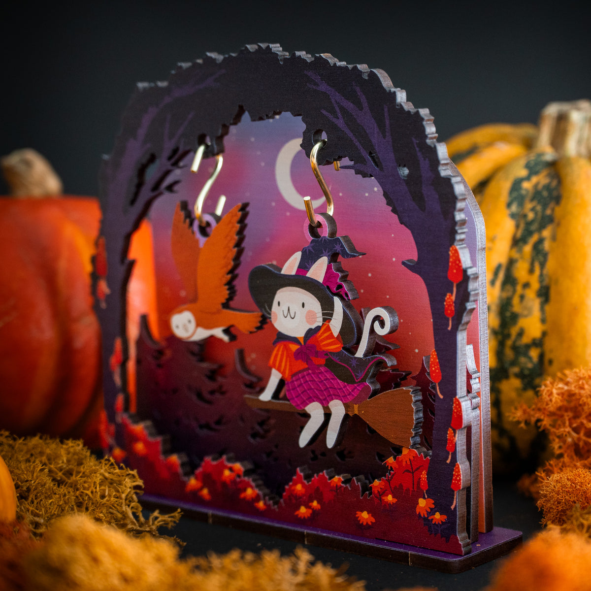 FLYING PURPLE WITCH CAT HALLOWEEN POP & BUILD SCENE