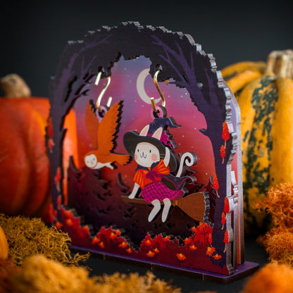 FLYING PURPLE WITCH CAT HALLOWEEN POP & BUILD SCENE