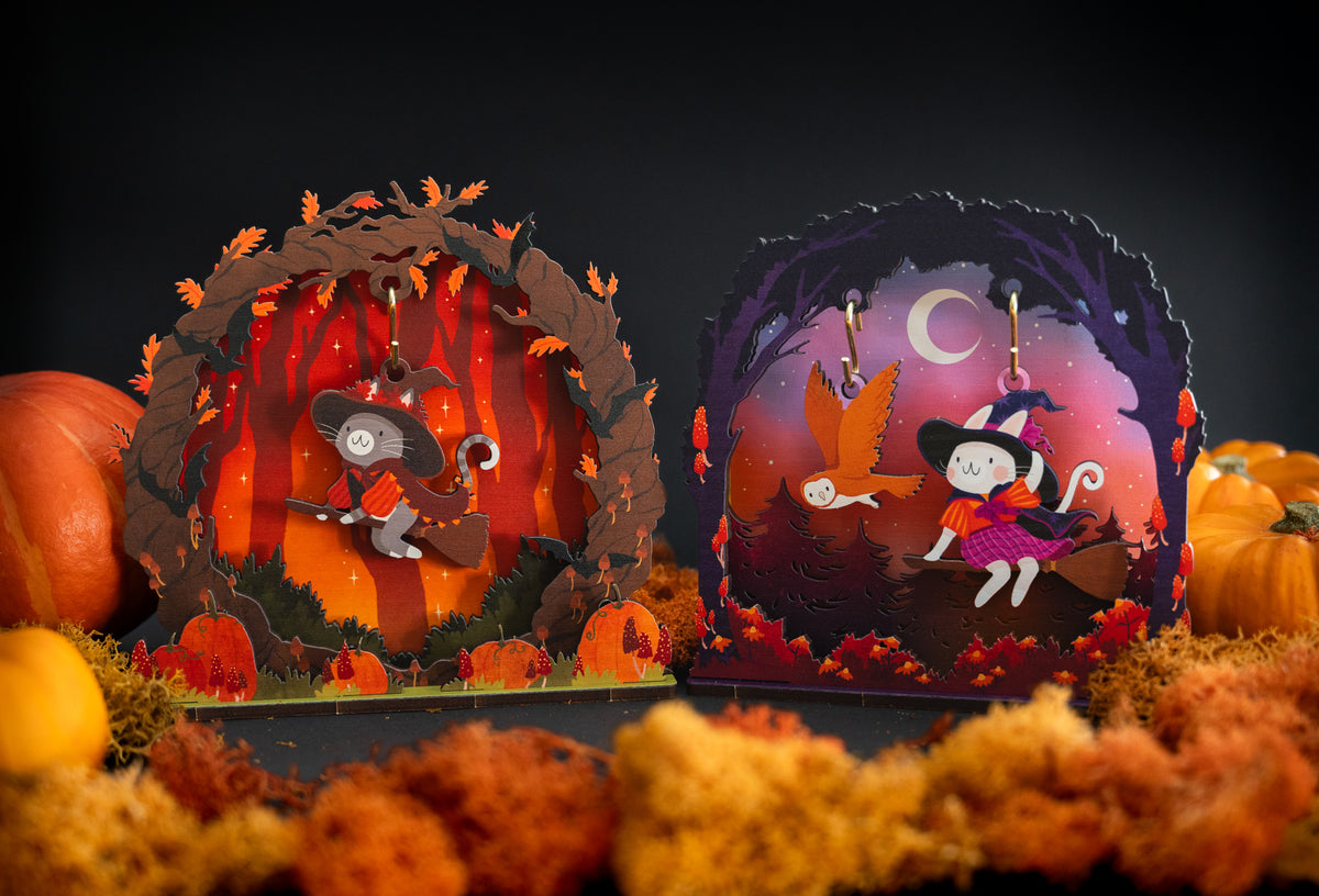 FLYING ORANGE WITCH CAT HALLOWEEN POP & BUILD SCENE