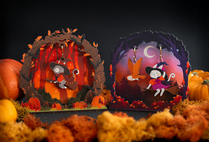 FLYING ORANGE WITCH CAT HALLOWEEN POP & BUILD SCENE