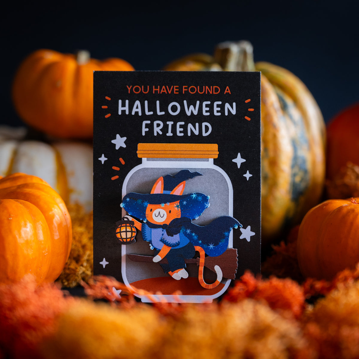 BLUE FLYING WITCH CAT PIN/MAGNET