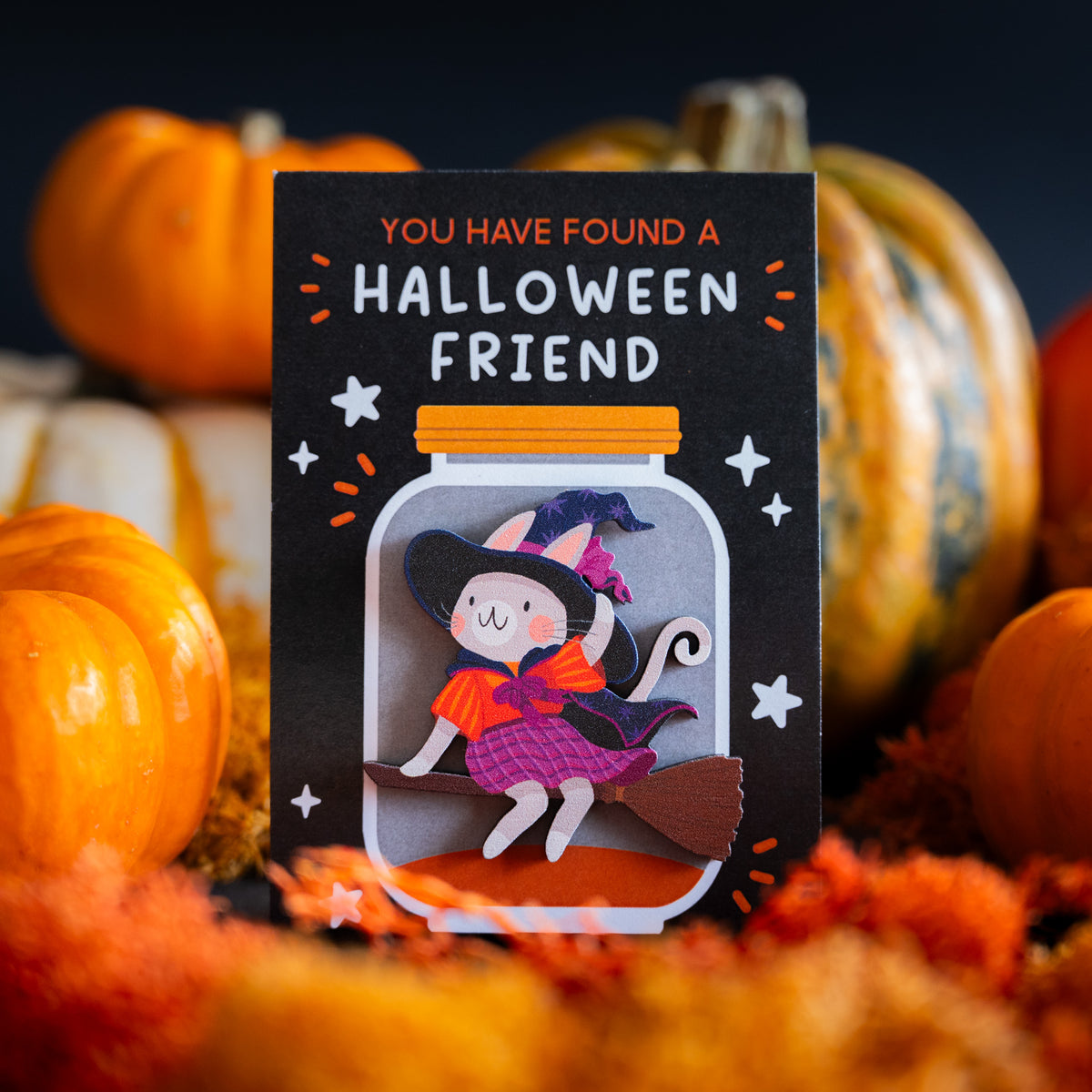 PURPLE FLYING WITCH CAT PIN/MAGNET