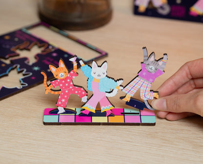 WHOLESALE - DANCING QUEEN DISCO CATS WOODEN POP OUT CARD - PACK OF 8