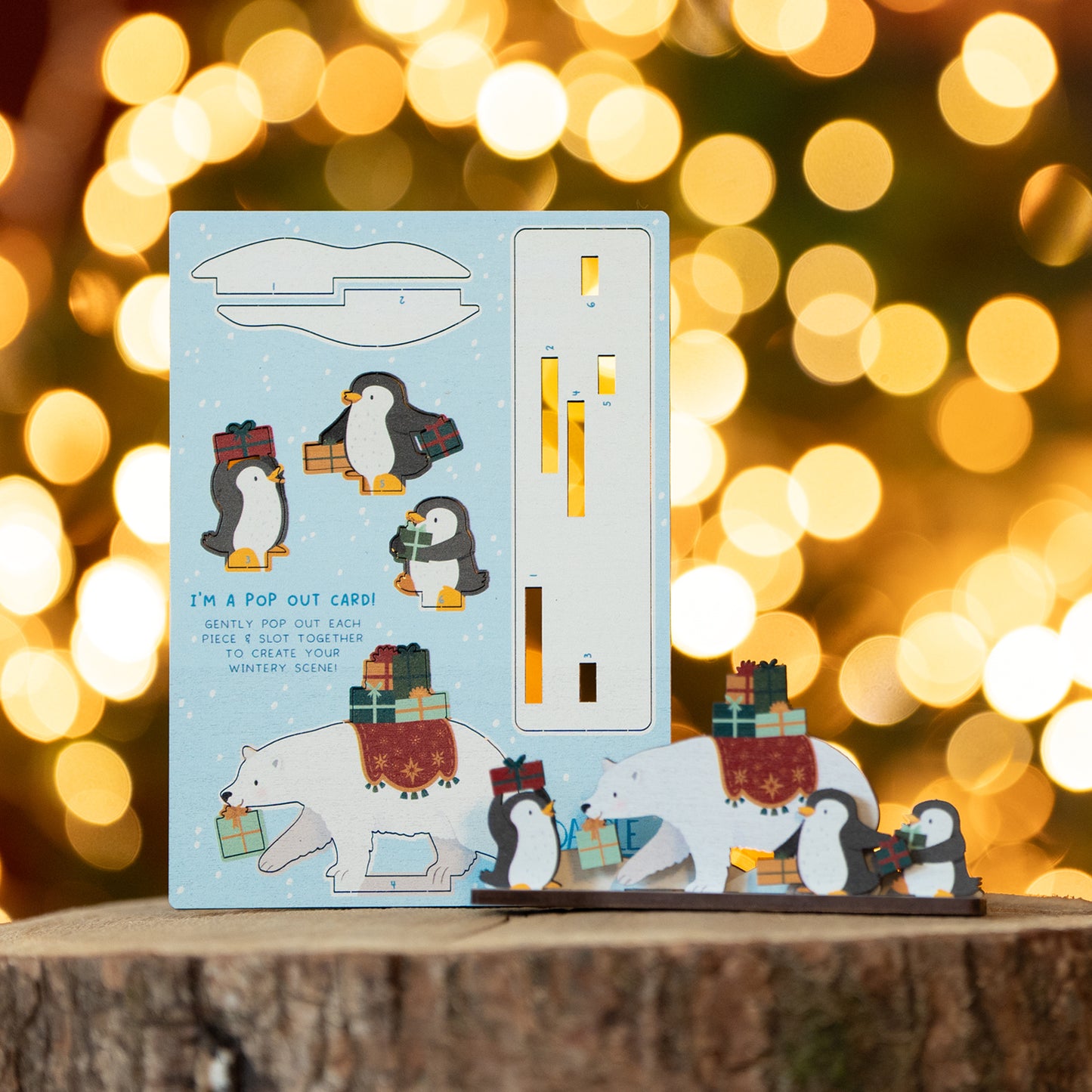 POLAR BEAR & PENGUINS CHRISTMAS POP OUT CARD - PERSONALISABLE