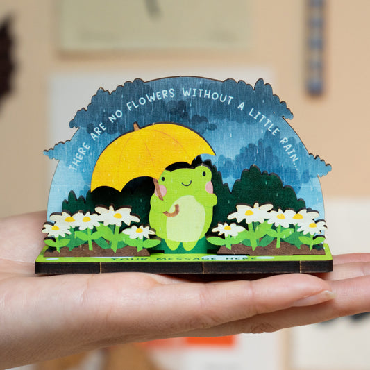 NO FLOWERS WITHOUT RAIN FROG POP OUT CARD - PERSONALISABLE